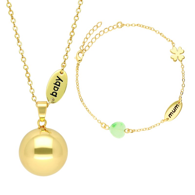 Produkt - Těhotenská rolnička s náramkem Nature stone beads and mum/baby charm in gold